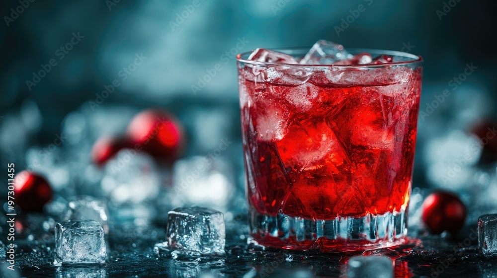 Poster chilled red cocktail served with ice cubes, creating a refreshing and inviting drink experience, ide