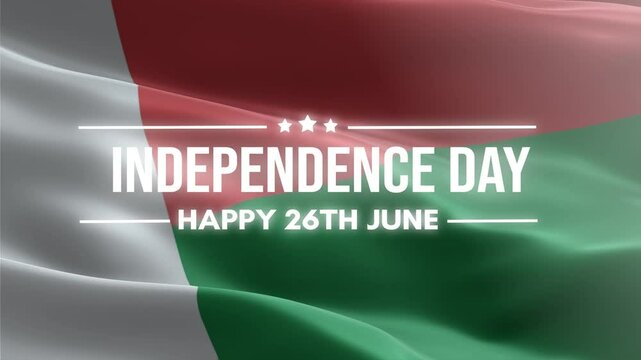 Madagascar Independence Day, Happy June 26 Lettering text animation, waving flag background, fireworks