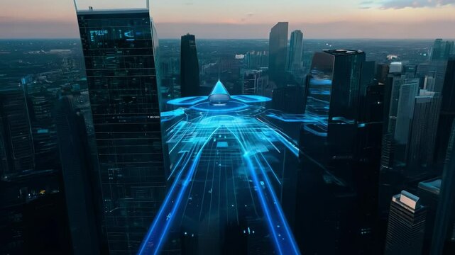 Futuristic drones navigate smart cities, collecting data and relaying information to artificial intelligence, advanced technology and connectivity within urban landscapes. Generative AI