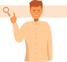 Fototapeta premium Friendly young man pointing at a search bar icon, suggesting a simple and intuitive search experience