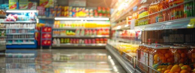 Fototapeta premium Supermarket shelves with a variety of products under bright lights