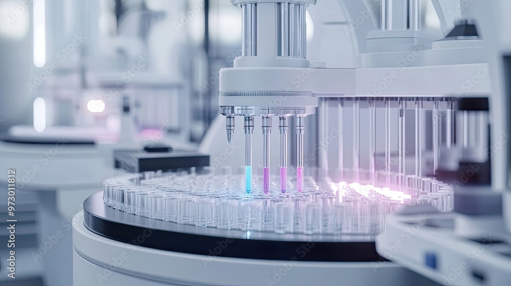 Poster automated liquid handling system dispensing colored liquids into test tubes