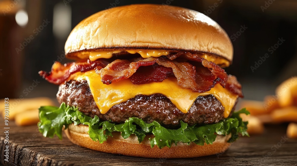 Canvas Prints Classic cheeseburger with bacon, cheese, and lettuce on a wooden board, showcasing a delicious comfort food favorite with rich, hearty ingredients