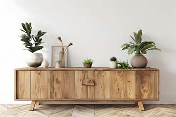 Wooden cabinet and accessories decor in living room interior on empty white wall background. Generative Ai.