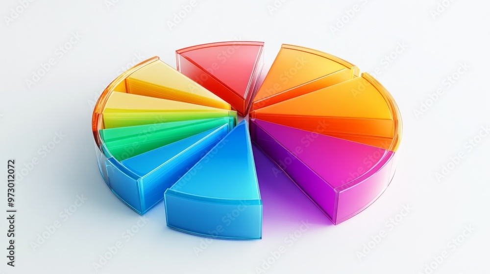 Fototapete A colorful 3D pie chart with multiple segments, each section raised slightly to emphasize data distribution, set against a clean white background.