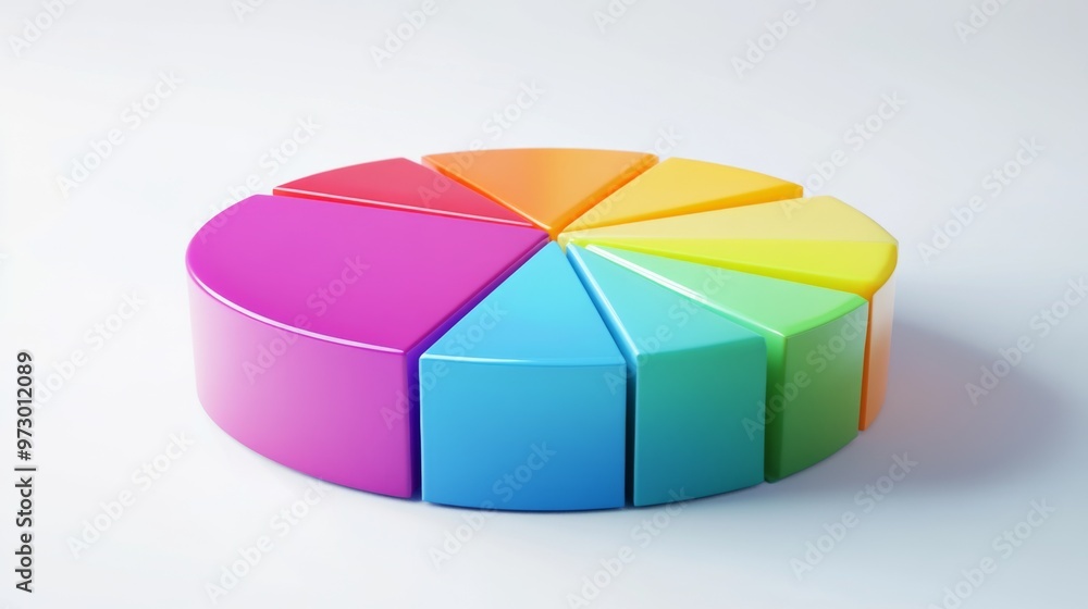 Fototapete A colorful 3D pie chart with multiple segments, each section raised slightly to emphasize data distribution, set against a clean white background.