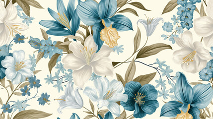 A vintage-style floral pattern with lilies and orchids in shades of blue, cream white and gold on an off-white background.