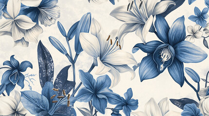 A vintage-style floral pattern with lilies and orchids in shades of blue, cream white and gold on an off-white background.