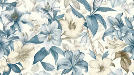 A vintage-style floral pattern with lilies and orchids in shades of blue, cream white and gold on...