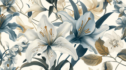 A vintage-style floral pattern with lilies and orchids in shades of blue, cream white and gold on an off-white background.