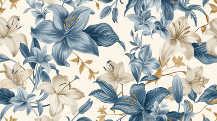 A vintage-style floral pattern with lilies and orchids in shades of blue, cream white and gold on an off-white background.