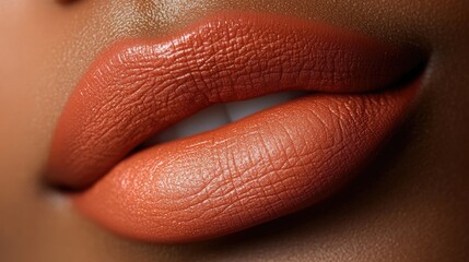 Fototapeta premium Close-up of lips with permanent makeup in a peach shade, showcasing a flawless cosmetic result on smooth, healthy skin.