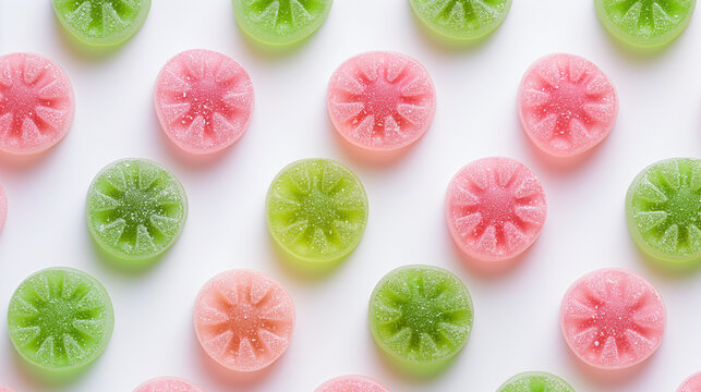 A pattern of pink and green round gummies on a white background, in an overhead shot with high resolution photography