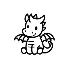 Cute cartoon baby dragon with wings sitting and smiling, drawn in black and white.
