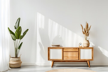 Wooden cabinet and accessories decor in living room interior on empty white wall background. Generative Ai.