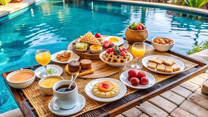 Obraz premium a luxurious poolside breakfast featuring an array of vibrant fresh fruits, tempting pastries, and refreshing juices, perfect for a tropical getaway