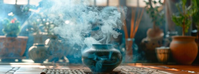 Incense smoke rising from a decorative pot in a calm setting