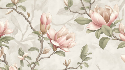 Vintage style wallpaper featuring pink magnolia flowers and green leaves on a light grey background with thin branches in a vintage pattern