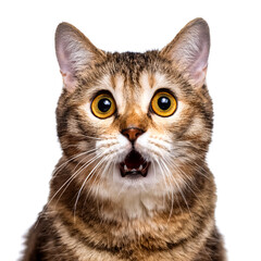 Obraz premium Adult cat with funny expression, surprised or shocked and open mouth looking at camera isolated on white background