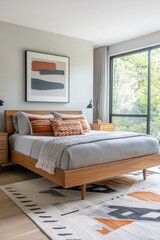 An interior photo of a cozy-looking house bedroom with a Scandinavian interior and a mid-century modern interior combination. Generative AI