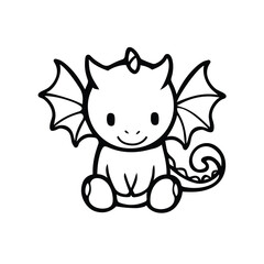 Cute baby dragon character in black and white line art.