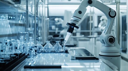 Robotic Arm Dispensing Liquid into Glass Flasks in a Lab
