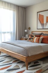 An interior photo of a cozy-looking house bedroom with a Scandinavian interior and a mid-century modern interior combination. Generative AI