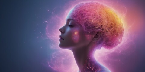 Digital art of woman in profile, eyes closed with pink-blue aura