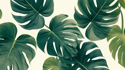 A close-up of large, green tropical leaves against a white background.