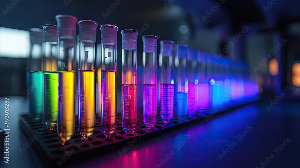 Poster a row of glass test tubes filled with colorful liquids in a laboratory setting