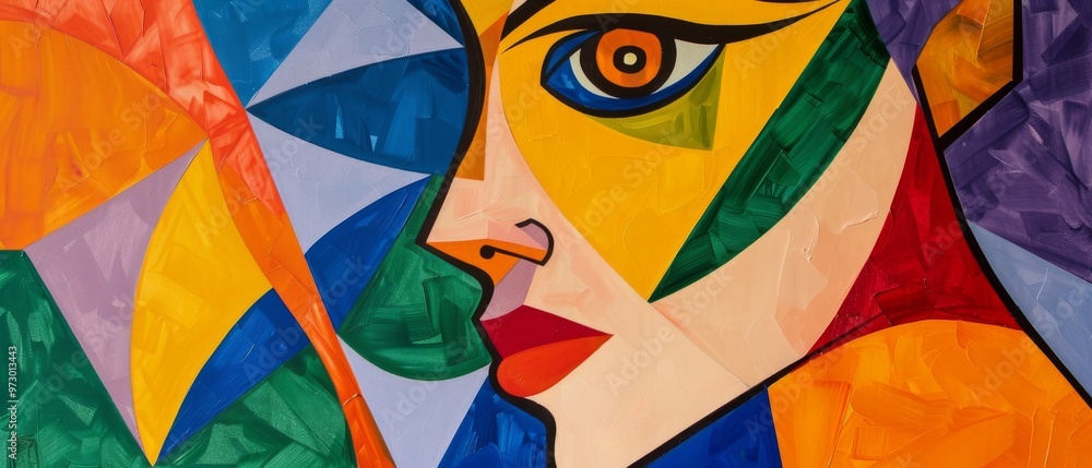 Poster craft a side view of a cubist abstract portrait, merging sharp angles and a burst of expressive colo