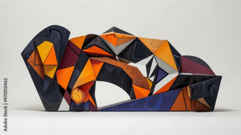 Poster create a side view of a dynamic cubist abstract sculpture, combining geometric shapes and bold color