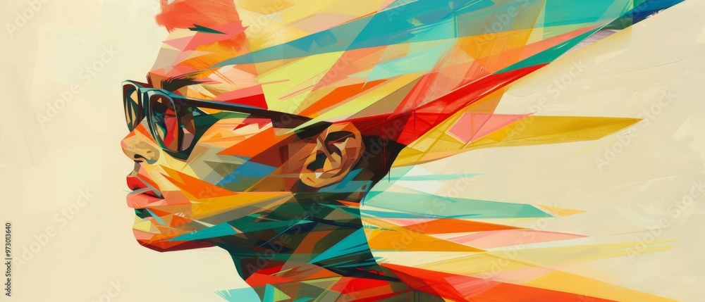 Poster craft a side view of a cubist abstract portrait, merging sharp angles and a burst of expressive colo