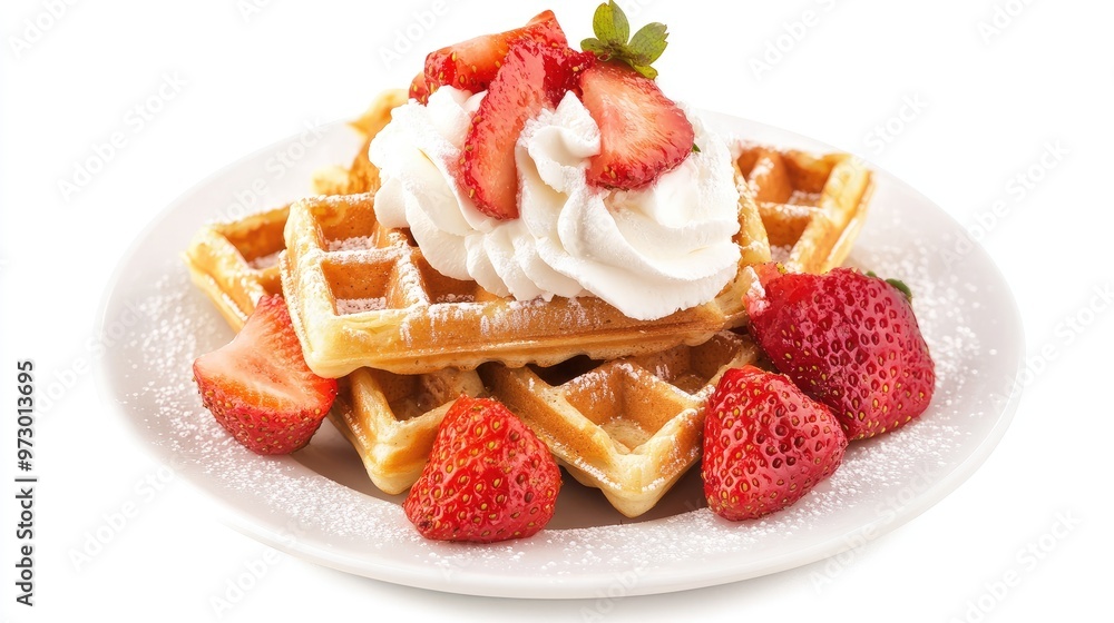 Poster Delicious Belgian waffle dessert served with juicy strawberries and creamy whipped topping on a simple white backdrop,