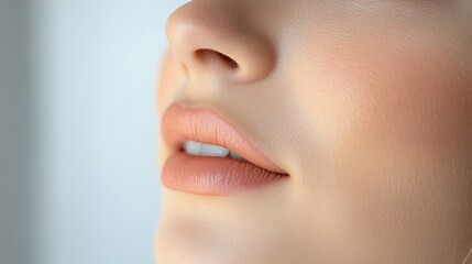 Obraz premium Delicate peach-toned permanent makeup on a young woman lips, highlighting the subtle and natural beauty of cosmetic enhancement.