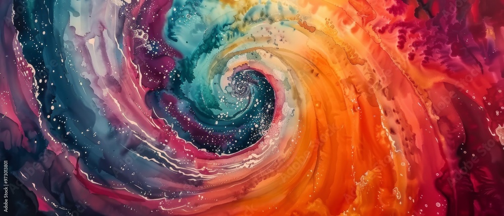 Poster create a mesmerizing abstract painting with a worms-eye view of a spiraling galaxy in vibrant waterc