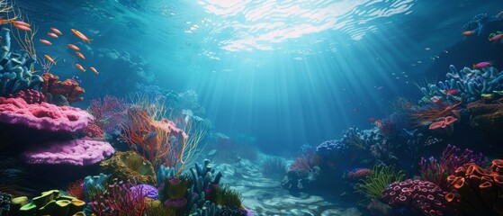 Fototapeta premium Design a CG 3D collage of a surreal underwater scene, incorporating vibrant coral reefs, exotic fish, and shimmering rays of sunlight filtering through the water