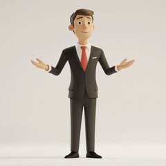 A successful businessman in a suit, smiling and gesturing with his hand, stands confidently as a professional in a corporate setting