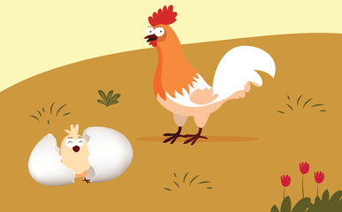 Illustration of a Mother Chicken Watching Over Her Newly Hatched Baby Chick, Mother, Chicken, Hen, Brood, Protecting, Watching, Guarding, Flock, Poultry, Farmyard, Domestic, Animal,