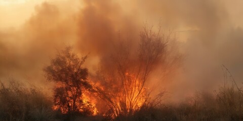 Obraz premium Bushfire burning in field with engulfed branches, bright flames,