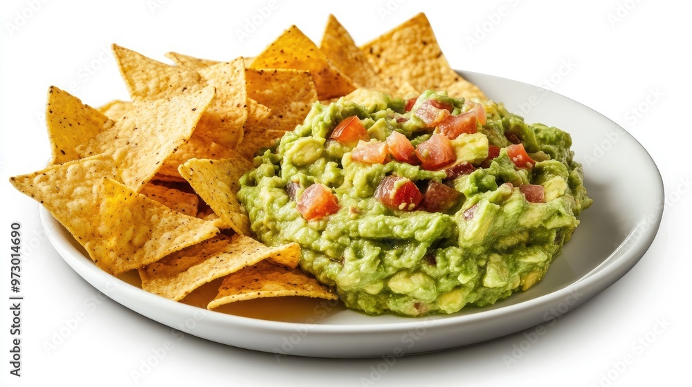 Poster Delicious guacamole dip paired with crispy tortilla chips, plated on a white background with vibrant green avocado and golden chips.