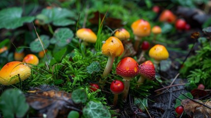 vibrant collection of multicolored fungi and autumn leaves, creating a striking pattern of natural beauty