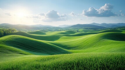 Obraz premium Lush green hills under a bright sky, showcasing natural beauty.