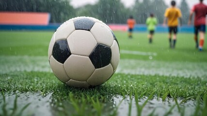 Fototapeta premium Closeup of a soccer ball on a rain-soaked green field with blurred out players in the background.