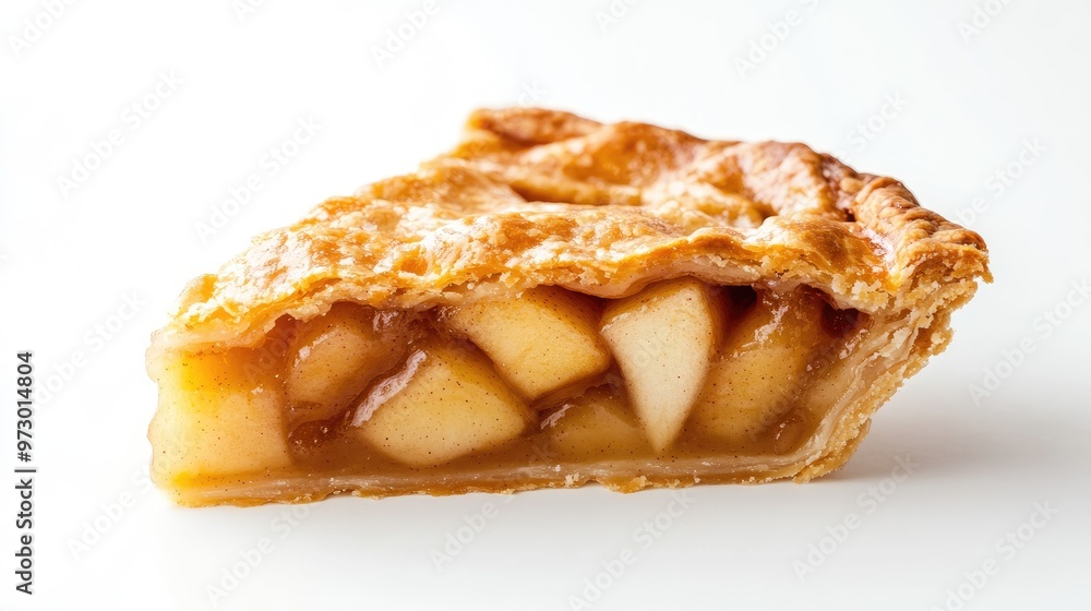 Wall mural Delicious slice of apple pie with a buttery, flaky crust on a clean white background, capturing the essence of a classic dessert