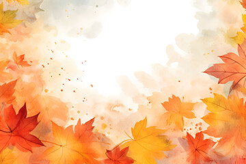 Colorful autumn leaves surround a soft, light background, capturing the essence of fall. Watercolor illustration.