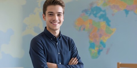Confident Young Man in Classroom with Arms Crossed, World Map in
