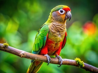 A stunning green-cheeked conure perches on a branch, its vibrant feathers glistening in the sunlight, brightening the surrounding foliage.