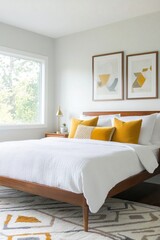 A photo of the mid-century modern interior of a house bedroom with a white-walled room and comfortable bed. Generative AI
