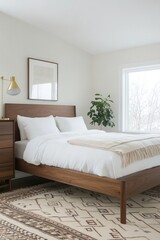 Fototapeta premium A photo of the mid-century modern interior of a house bedroom with a white-walled room and comfortable bed. Generative AI 